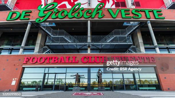 Close up view of the main entrance of De Grolsch Veste stadium, home to FC Twente, with statues of Blaise Nkufo and Sander Boschker, on April 20,...