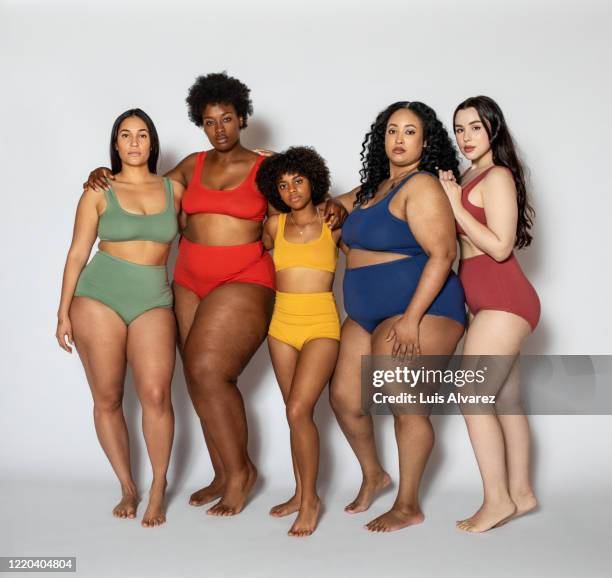 group of women with different body type in underwear - woman body stockfoto's en -beelden