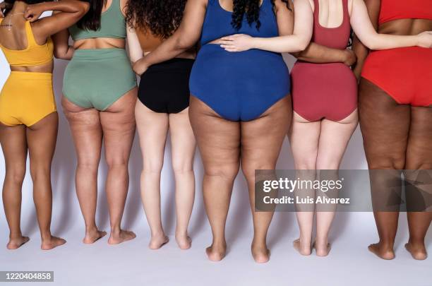 rear view of a diverse females together in underwear - curvy model stock-fotos und bilder