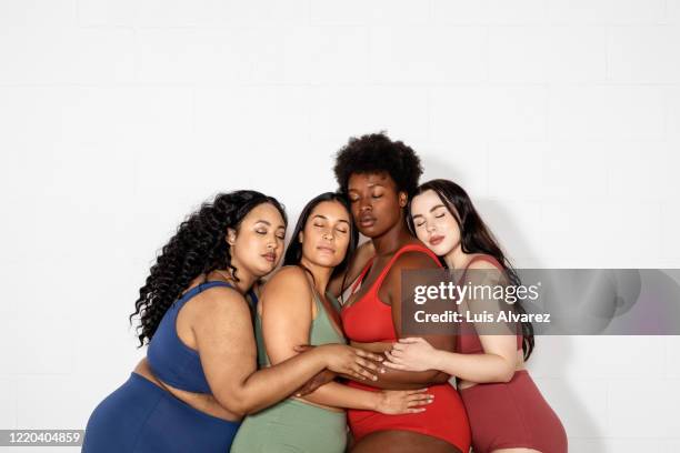 multi-ethnic women of different sizes in lingerie - beautiful plump women fotografías e imágenes de stock