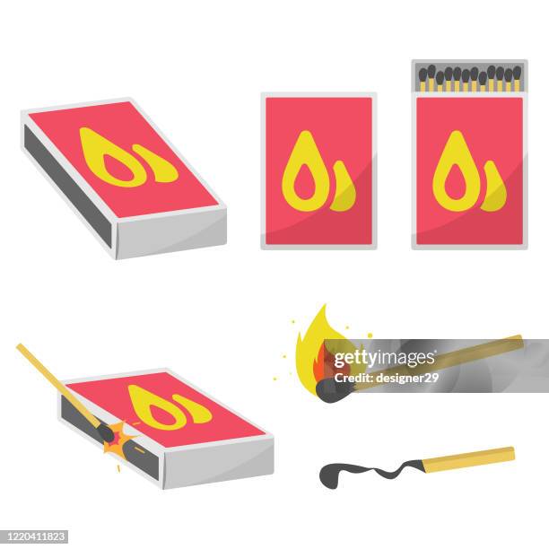 ilustrações de stock, clip art, desenhos animados e ícones de burning match and matchbox icon set vector design. - palito de fósforo