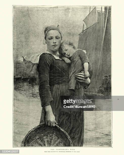 ilustrações, clipart, desenhos animados e ícones de a esposa do pescador, a mãe segurando seu filho, século 19 - estereótipo de classe trabalhadora
