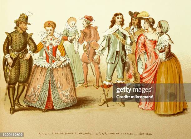 old map of costume in england - published 1894. antique illustration, popular encyclopedia published 1894. copyright has expired on this artwork - tudor fotografías e imágenes de stock