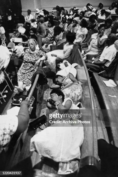 Interior of the First Baptist Church, where passengers on the Freedom Ride have taken refuge from the violence that met them at the Greyhound Bus...