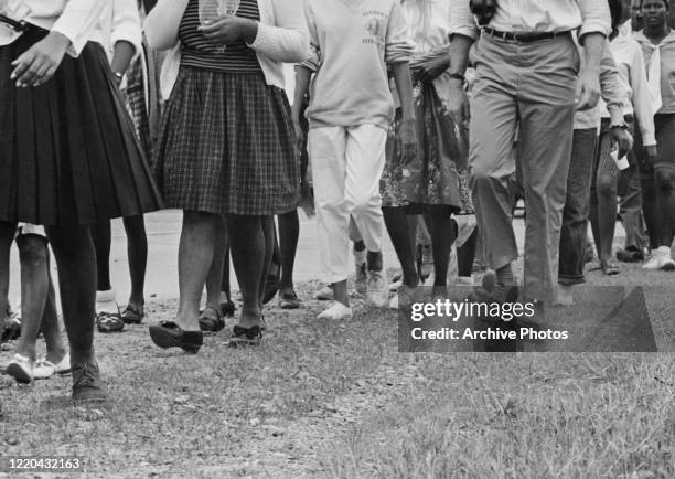 The lower bodies of participants on Highway 51 taking part in the 220-mile March Against Fear from Memphis, Tennessee, to Jackson, Mississippi, June...