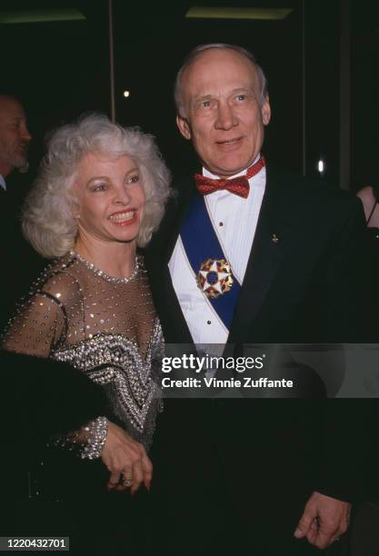 American astronaut Buzz Aldrin and his wife, Lois Driggs Cannon , attend the 1990 American Cinema Awards, held at the Beverly Hilton Hotel in Beverly...
