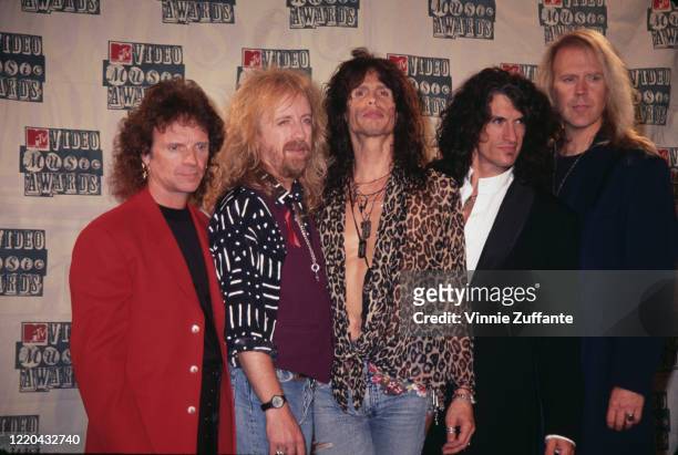 American rock band Aerosmith attend the 1994 MTV Video Music Awards, held at Radio City Music Hall in New York City, New York, 8th September 1994.