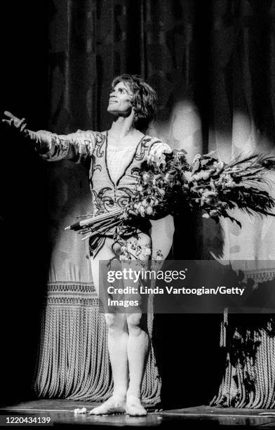 Russian-born ballet dancer Rudolf Nureyev takes a bow after his performance in the Royal Ballet/Sir Kenneth MacMillan's production of 'Romeo and...