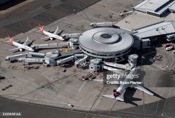 An aerial view of the Qantas Domestic Terminal at Sydney Airport on April 22, 2020 in Sydney, Australia. Restrictions have been placed on all...