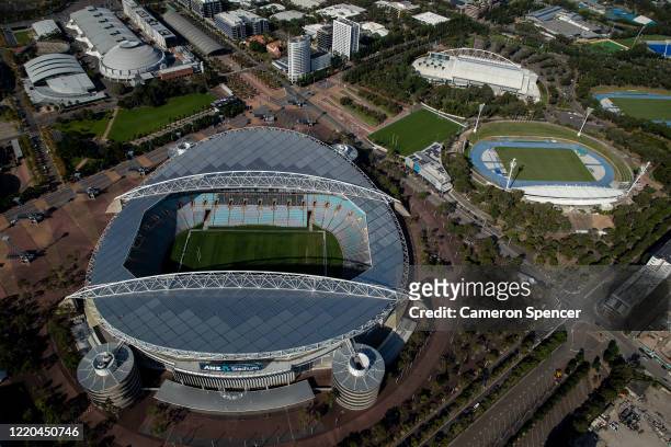 Stadium at Sydney Olympic Park is closed on April 22, 2020 in Sydney, Australia. Restrictions have been placed on all non-essential business and...