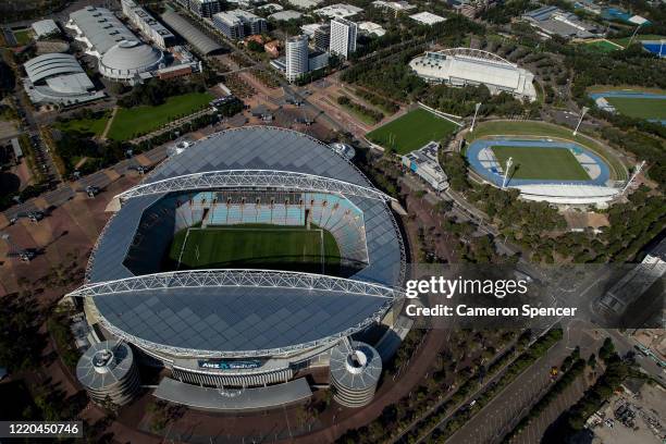 Stadium at Sydney Olympic Park is closed on April 22, 2020 in Sydney, Australia. Restrictions have been placed on all non-essential business and...