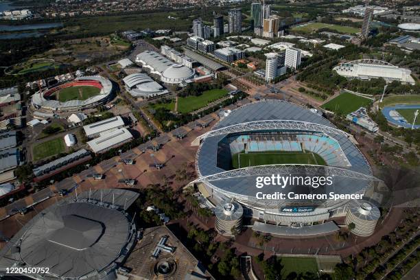 Stadium at Sydney Olympic Park is closed on April 22, 2020 in Sydney, Australia. Restrictions have been placed on all non-essential business and...