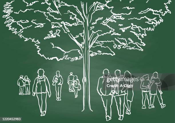 crowded city park chalkboard - couple exercise outside stock illustrations