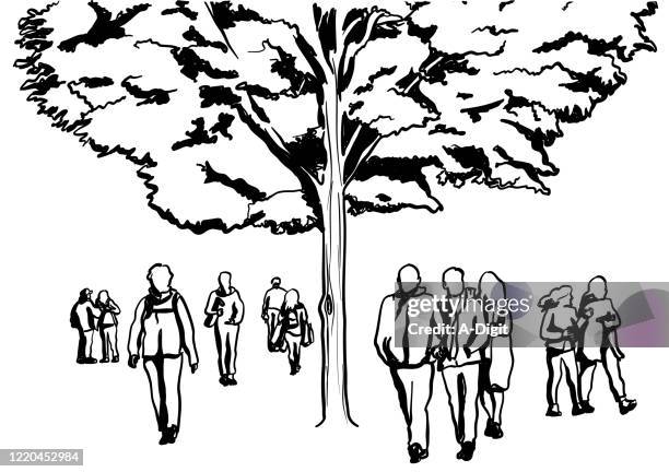 crowded city park ink - commuters crowd stock illustrations