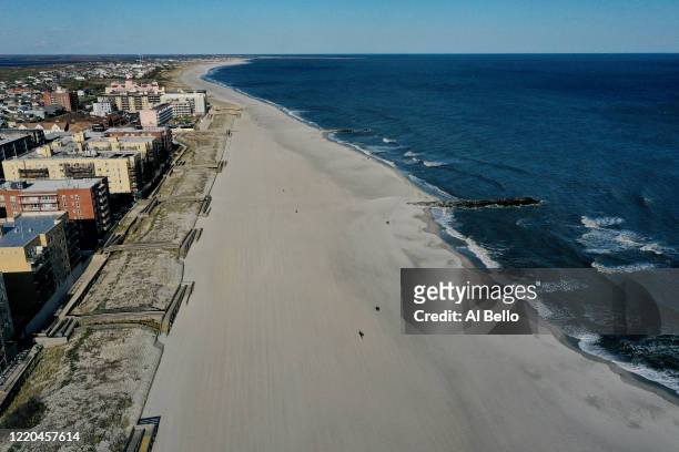 An aerial view of Long Beach on April 22, 2020 in Long Beach, New York. The boardwalk has remained closed since March 27 due to the coronavirus...
