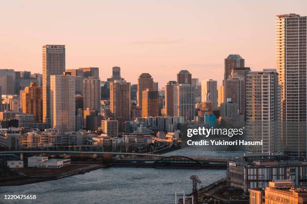 tokyo bayside skyline at dusk - harumi district tokyo stock pictures, royalty-free photos & images