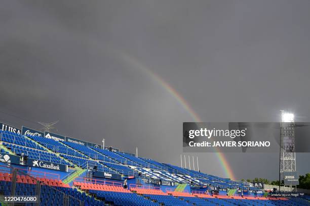 Rainbow is seen during the Spanish league football match Getafe CF against RCD Espanyol at the Coliseum Alfonso Perez stadium in Getafe on June 16,...