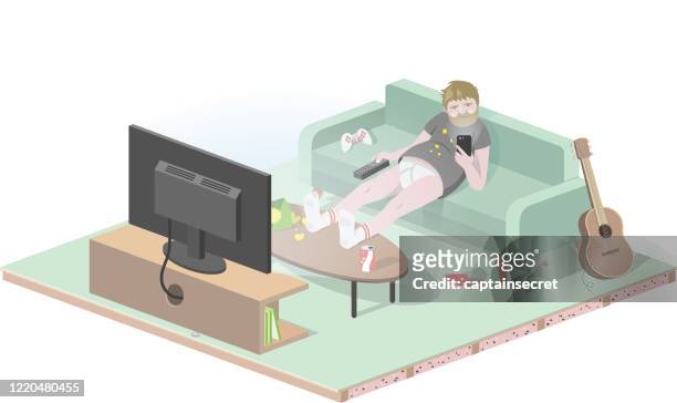 gelangweilter mann auf der couch isoliert zu hause. - bored stock-grafiken, -clipart, -cartoons und -symbole