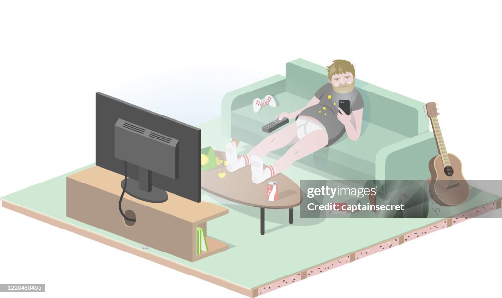 Bored man on couch isolated at home.