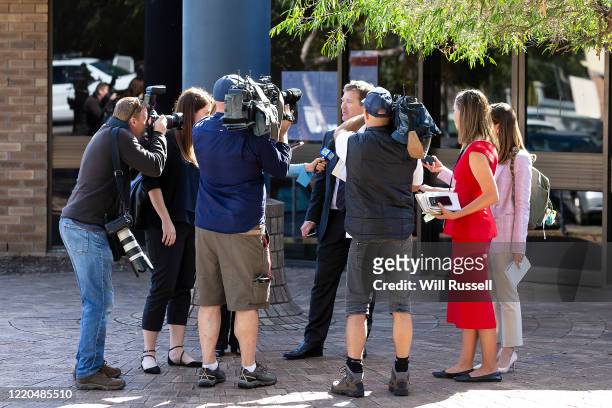 Michael Tudori, lawyer for former West Coast Eagles AFL player Ben Cousins, speaks to the media outside Armadale Magistrates Court on April 23, 2020...