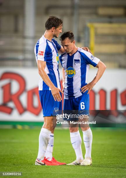 Niklas Stark and Vladimir Darida of Hertha BSC after the Bundesliga match between SC Freiburg and Hertha BSC at Schwarzwald-Stadion on June 16, 2020...