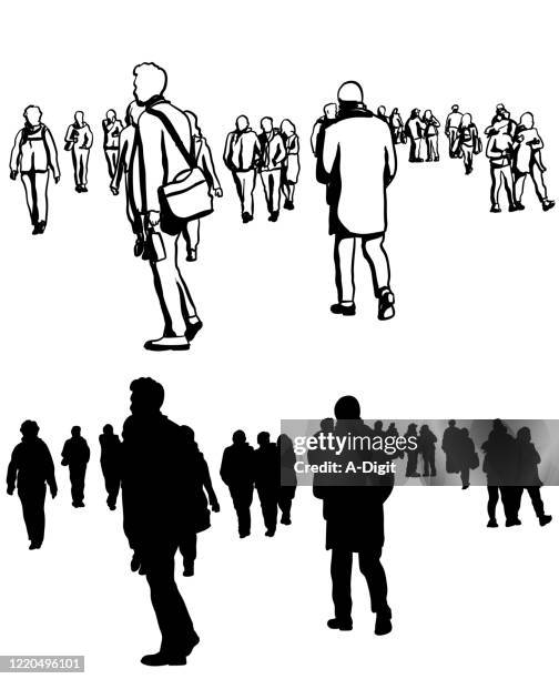 plaza passersby silhouette - commuters crowd stock illustrations