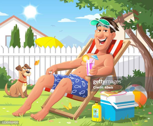 ilustraciones, imágenes clip art, dibujos animados e iconos de stock de vacaciones de verano en el patio trasero - silla de playa