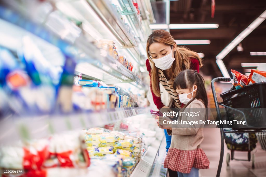 Mom & daughter with surgical masks doing grocery shopping for diary products in supermarket