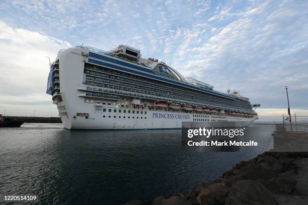 The Ruby Princess cruise ship departs from Port Kembla on April 23, 2020 in Wollongong, Australia. Australian Border Force has ordered the Ruby...