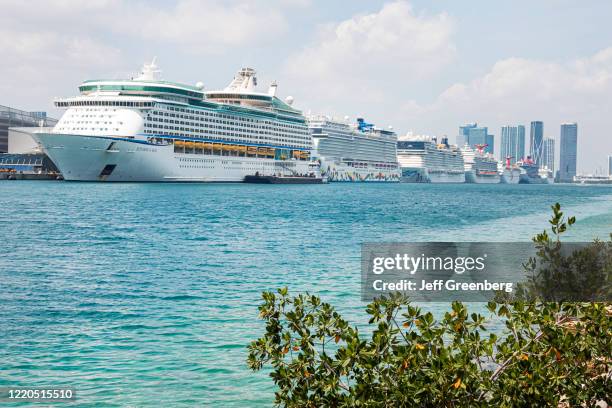 Florida, Port of Miami, Row of cruise ships docked, non-essential business due to Coronavirus.