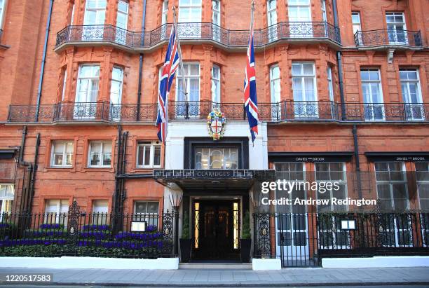 General view of the closed up entrance to Claridge's hotel on April 23, 2020 in London, England. The British government has extended the lockdown...
