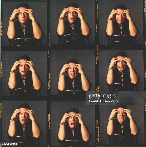 Eric Burdon, singer with The Animals, contact sheet of studio portrait session, Rome, Italy, 1988.