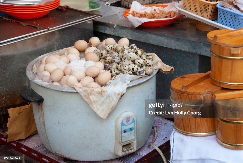 Salted eggs in cooking pot in Hong Kong