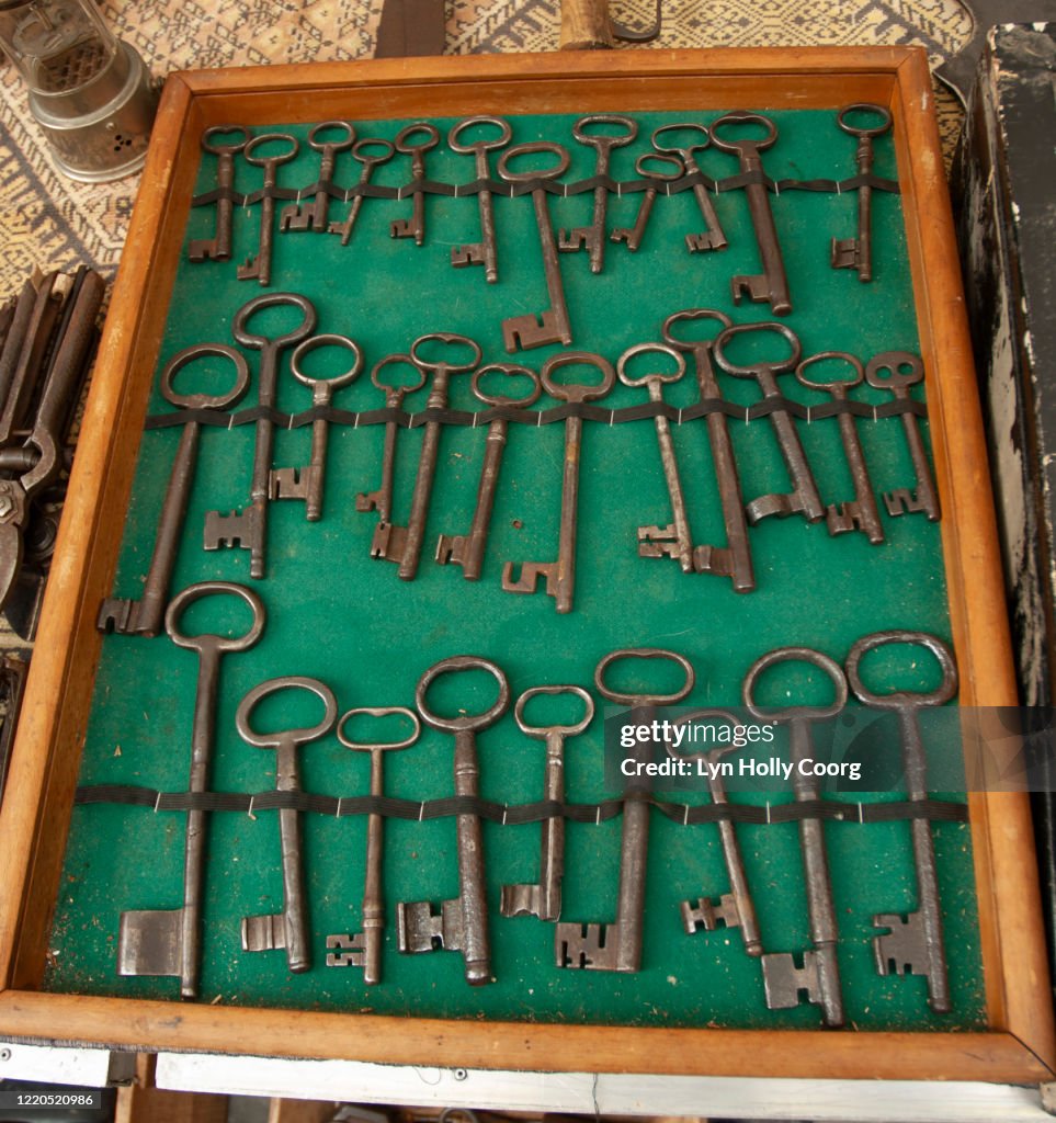 Old keys for sale in case in marketplace