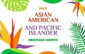 Asian American and Pacific Islander Heritage Month. Vector banner for social media, card, poster. Illustration with text, tropical plants. Asian Pacific American Heritage Month. Horizontal composition