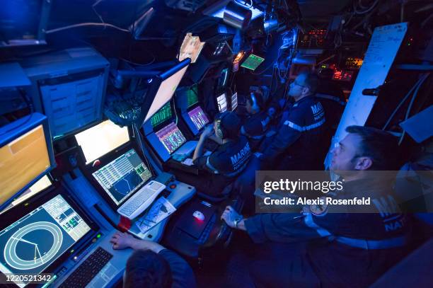 Overview of the interior of the French Navy attack nuclear submarine "Saphir", during training exercises on February 28, 2009 off Saint-Mandrier,...