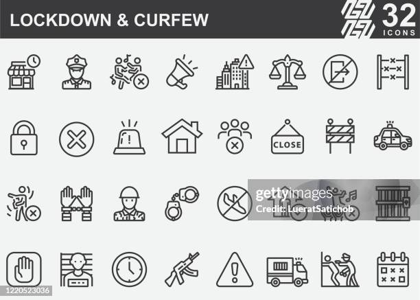 lockdown and curfew line icons - curfew stock illustrations