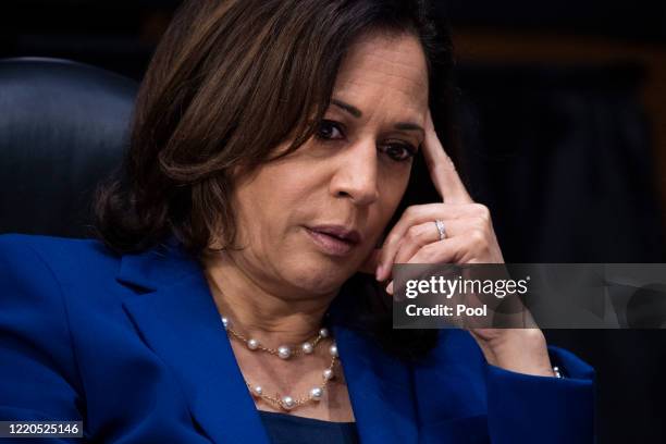 Sen. Kamala Harris attends a Judiciary Committee hearing in the Dirksen Senate Office Building on June 16, 2020 in Washington, D.C. The...