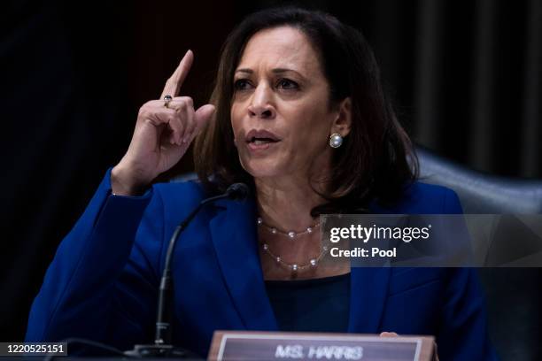 Sen. Kamala Harris asks a question during a Judiciary Committee hearing in the Dirksen Senate Office Building on June 16, 2020 in Washington, D.C....