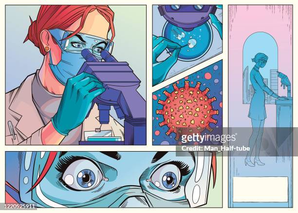 stockillustraties, clipart, cartoons en iconen met virus onderzoek - medisch onderzoek - strip