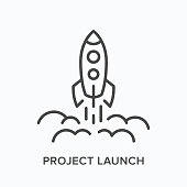 Project launch line icon. Vector outline illustration of starting up rocket. Business startup pictorgam