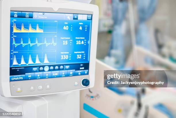 ventilator monitor ,given oxygen by intubation tube to patient, setting in icu/emergency room - hospital ventilator stock pictures, royalty-free photos & images