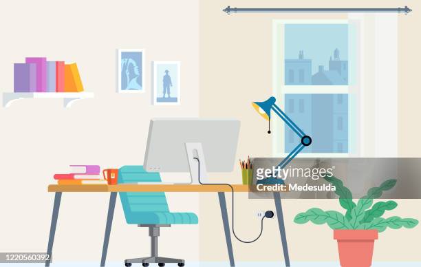 illustrazioni stock, clip art, cartoni animati e icone di tendenza di ufficio a domicilio per l'apprendimento a distanza - ufficio