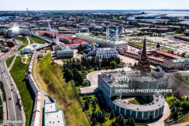 aerial shot of kazan kremlin taken from a helicopter flying directly above the walls, with cathedral of the annunciation, suyumbike tower and qolşärif mosque visible - tatarstan stock pictures, royalty-free photos & images