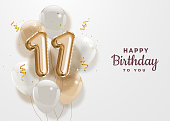 Happy 11th birthday gold foil balloon greeting background.