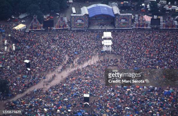 An aerial view of the Woodstock Music Festival on August 12, 1994 in Saugerties, New York.