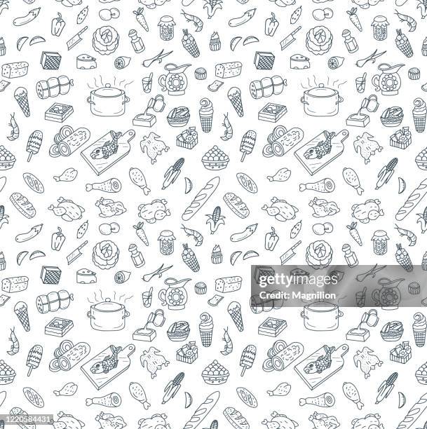 food and cooking seamless pattern doodles - shrimp and corn soup stock illustrations