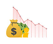 Money loss. Cash with down arrow stocks graph, concept of financial crisis, market fall, bankruptcy. Vector stock illustration.