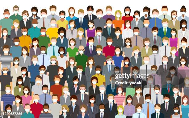 crowd of people wearing a face mask - 安全衛生保護具 マスク stock illustrations