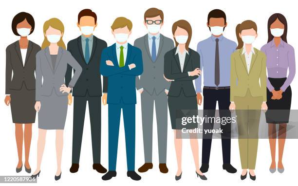 stockillustraties, clipart, cartoons en iconen met groep mensen die chirurgische maskers dragen en zich verenigen - 安全衛生保護具 マスク